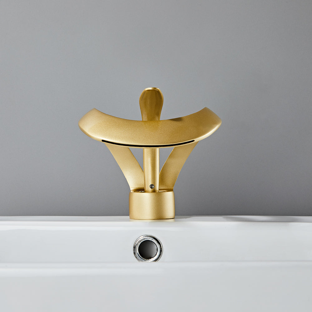 Gold Waterfall Sink Tap for Bathroom, Single Lever, Brass Body