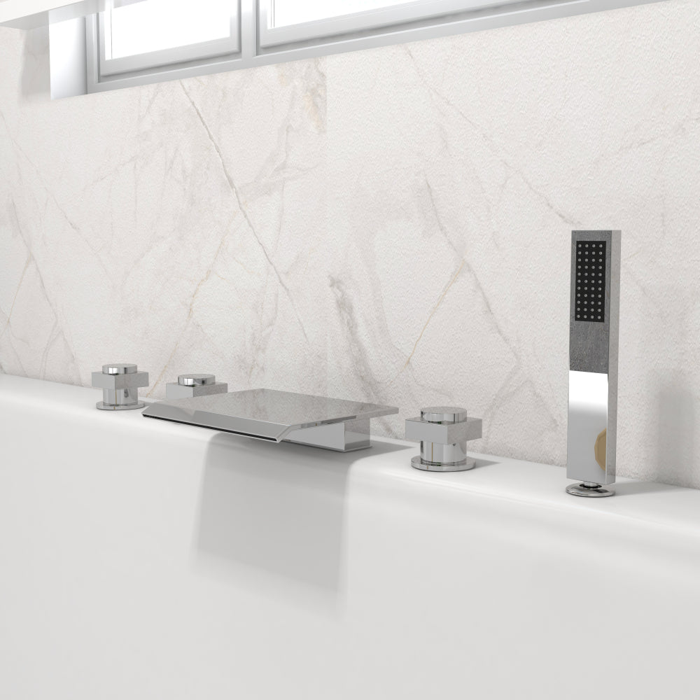 Contemporary Waterfall Deck-Mount Roman Tub Faucet with Hand Shower, Chrome