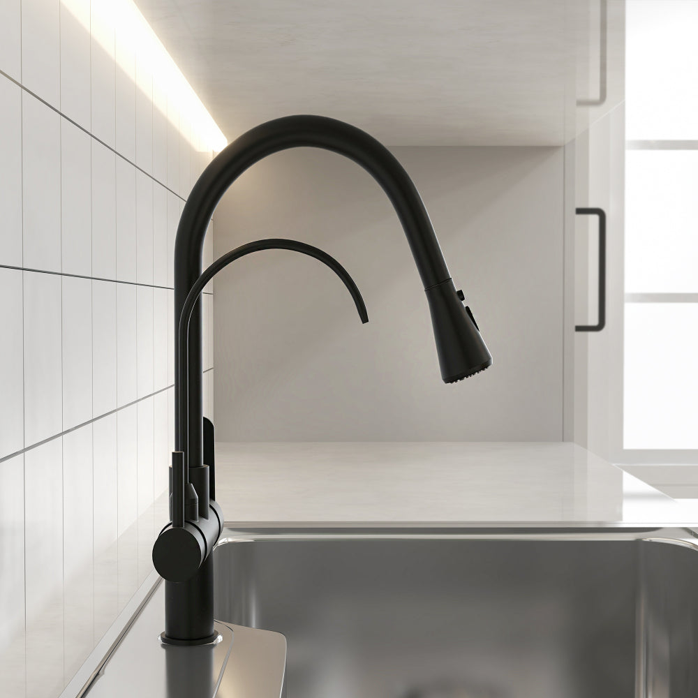 Water Filter Kitchen Faucet, Pull-Out Swirling Faucet in Matte Black, Solid Brass