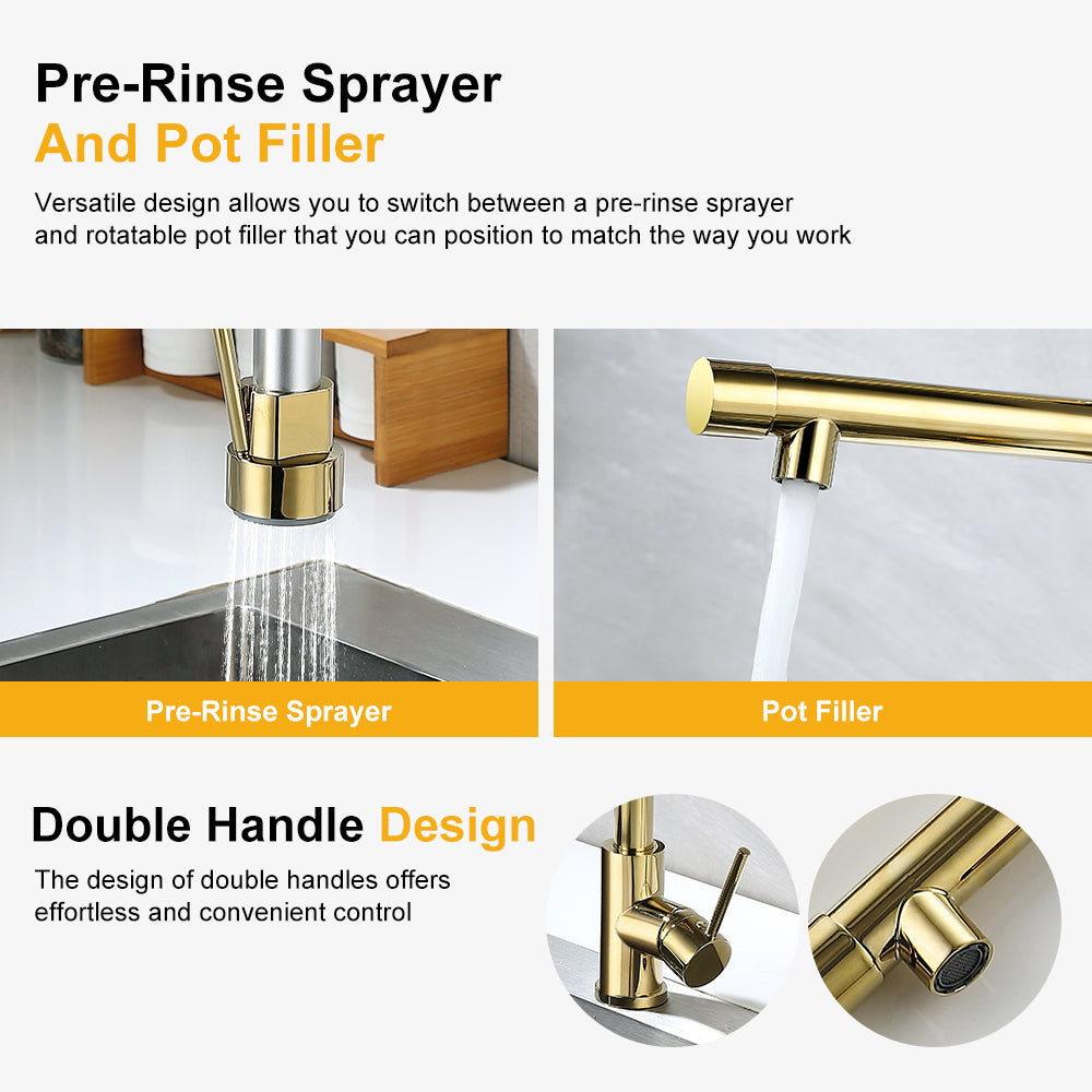 Single Hole Kitchen Faucet with Pull-Out Sprayer and Dual Spouts, Brass