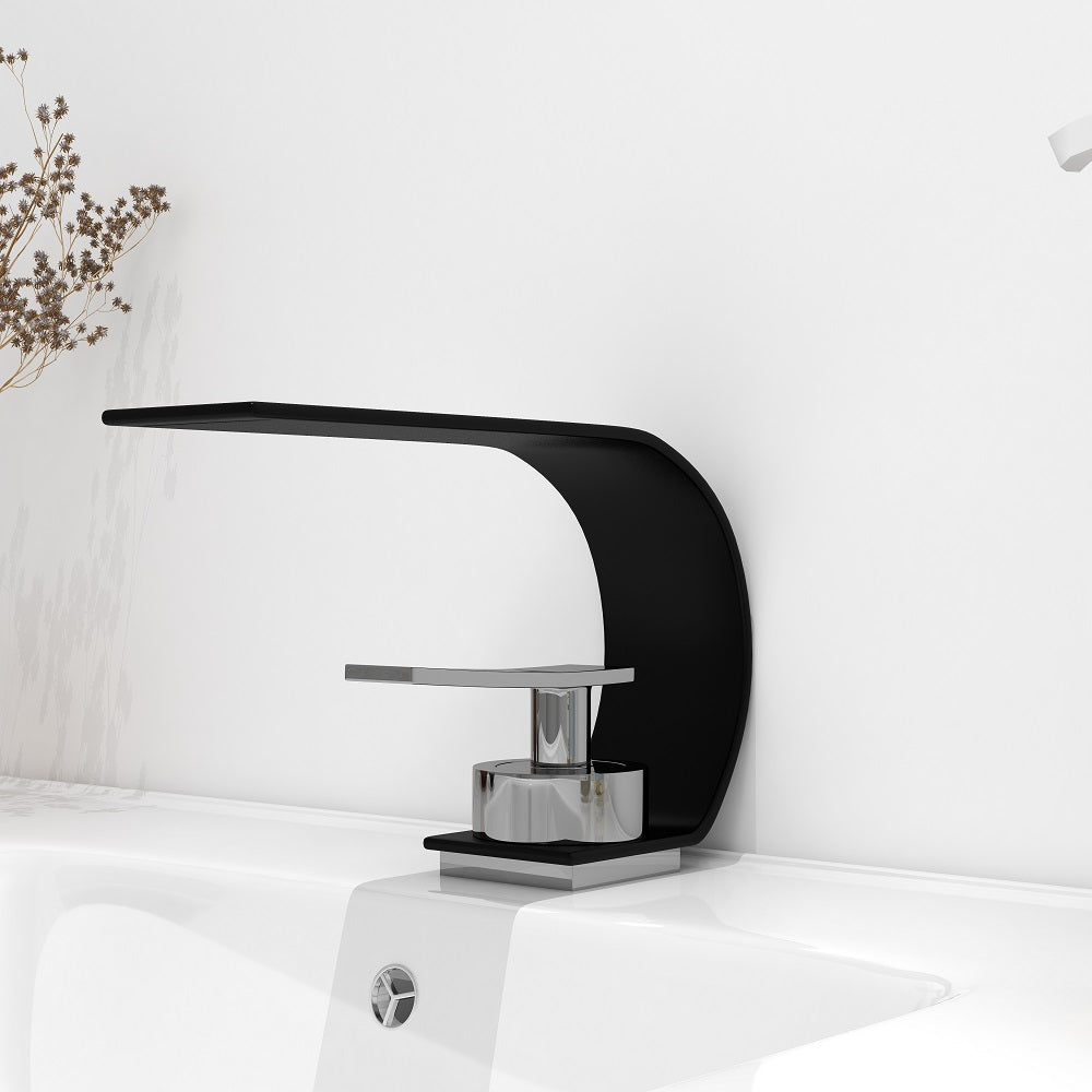 Black & Chrome Single-Handle Waterfall Arc Sink Faucet, Solid Brass