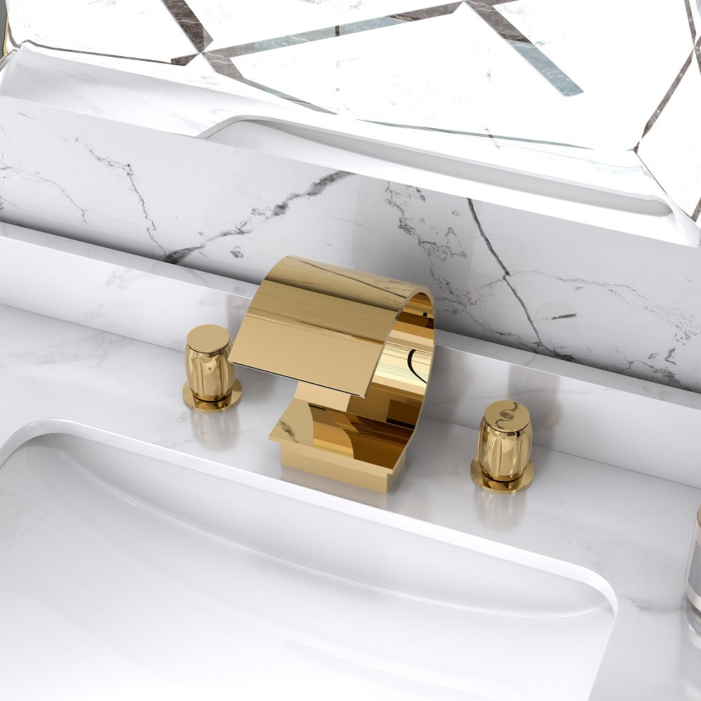 Modern Waterfall Widespread 2-Handle Sink Faucet in Gold Solid Brass