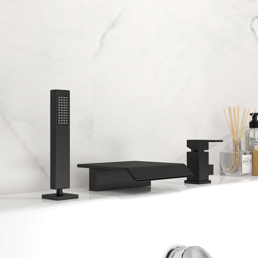 Matte Black Roman Tub Filler Faucet with Hand Shower, Solid Brass Construction