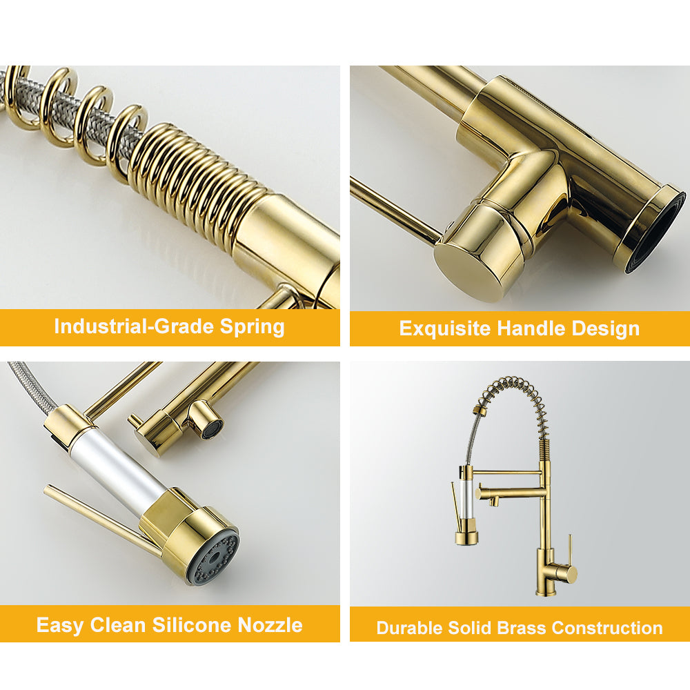 Single Hole Kitchen Faucet with Pull-Out Sprayer and Dual Spouts, Brass