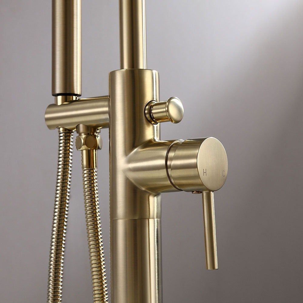 Freestanding Single-Handle Tub Filler Faucet with Hand Shower, Brass Brushed Gold