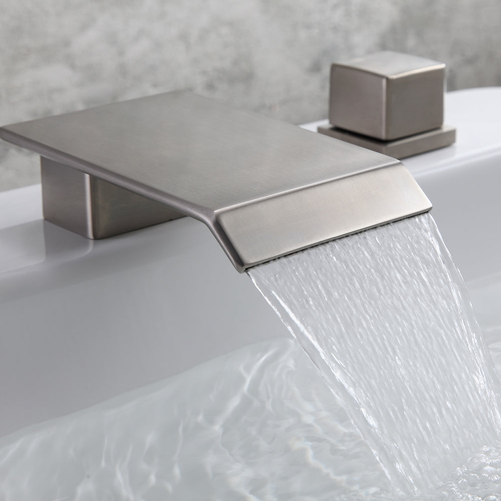 Brushed Nickel Widespread Bathroom Sink Faucet with Square Waterfall Spout and Double Handles