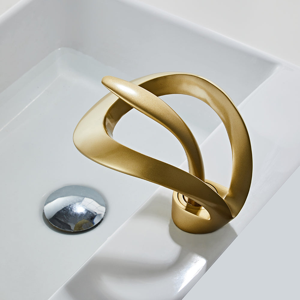 Gold Waterfall Sink Tap for Bathroom, Single Lever, Brass Body