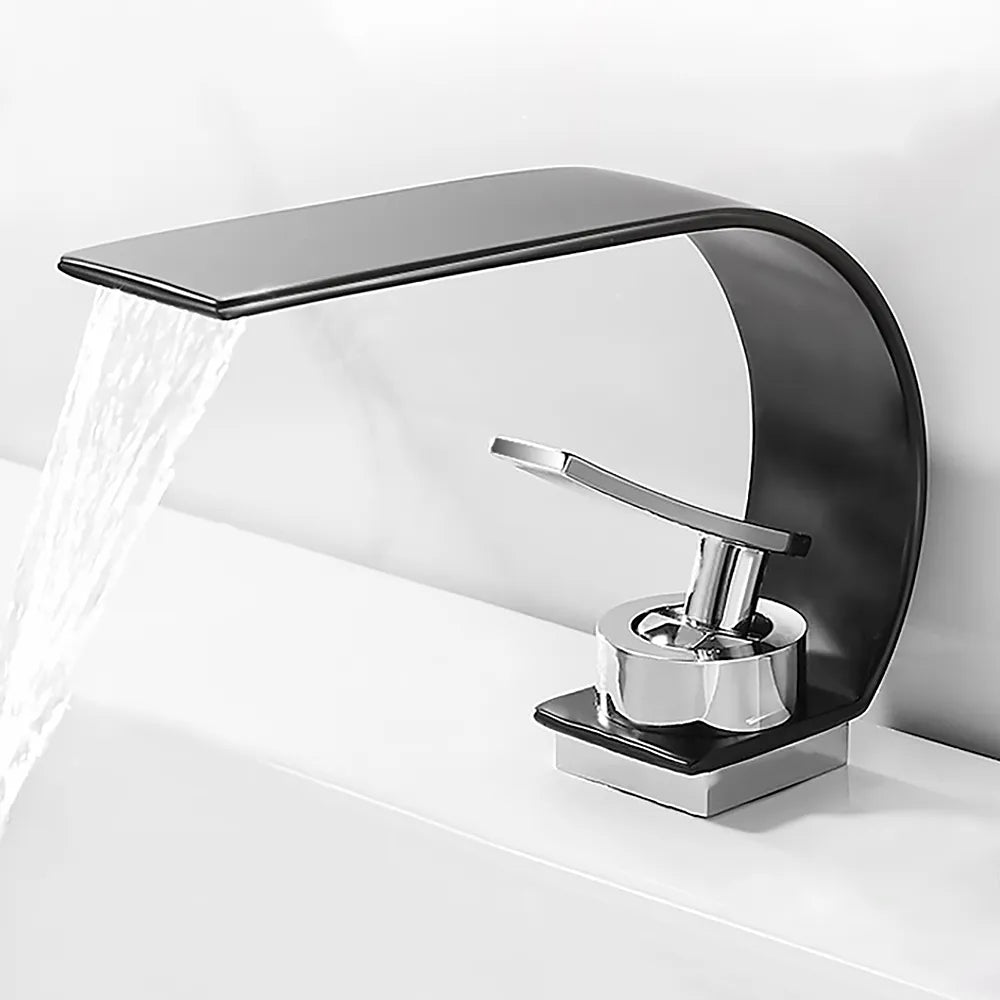 Black & Chrome Single-Handle Waterfall Arc Sink Faucet, Solid Brass