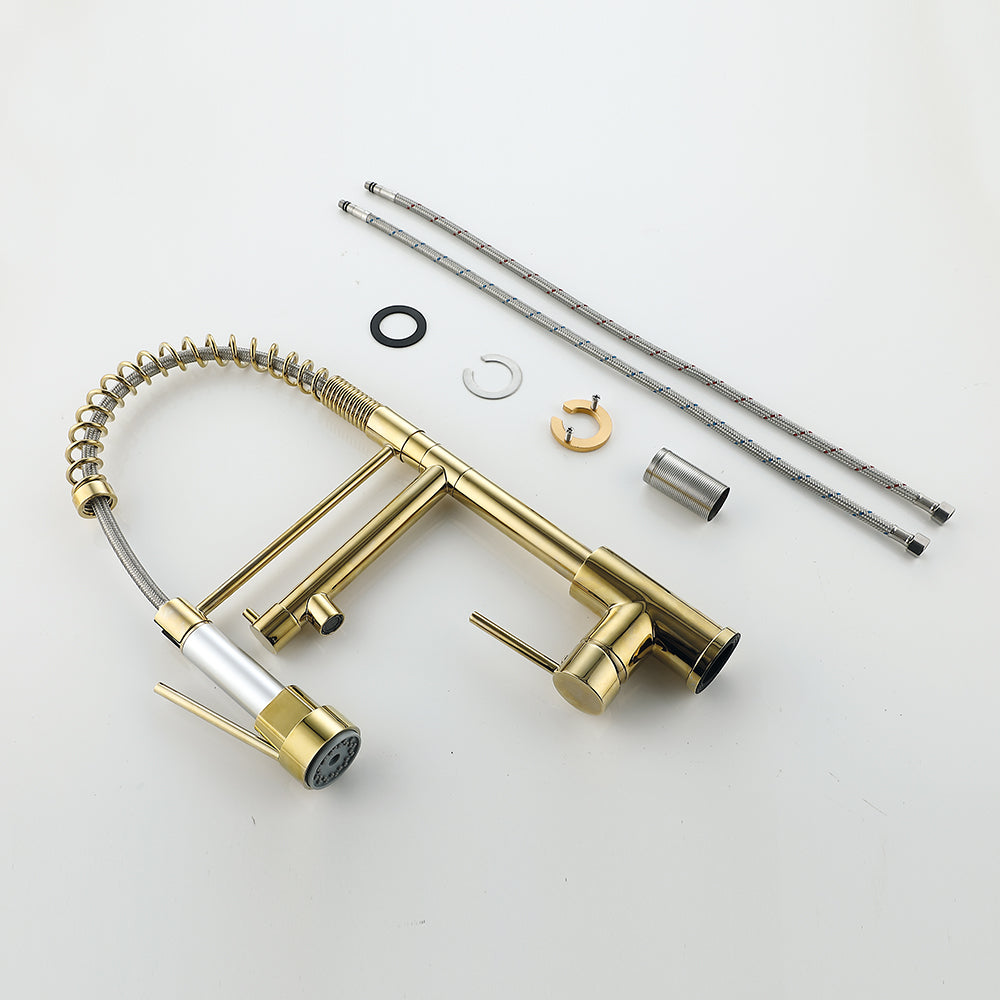 Single Hole Kitchen Faucet with Pull-Out Sprayer and Dual Spouts, Brass