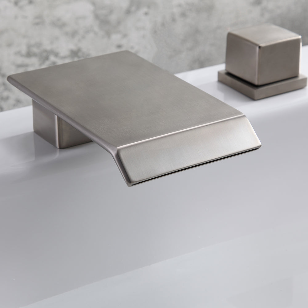 Brushed Nickel Widespread Bathroom Sink Faucet with Square Waterfall Spout and Double Handles