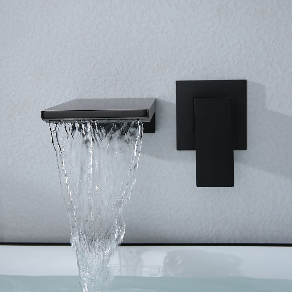 Sleek Black Waterfall Sink Faucet, Wall-Mounted, Single-Handle