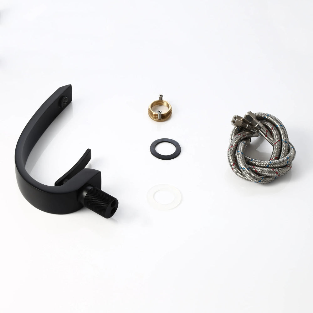 Modern Single-Hole 1-Handle C-Shaped Curved Spout Sink Faucet with Pop-Up Drain, Matte Black